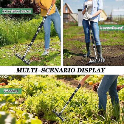 Thickened Version Stainless Steel Weeding Tool, 8 Tines Manual Weeder Rake, Garden Weed Puller Tool with Adjustable Length Handle, Weeder Rakes for Weeding Loosen The Soil and Collect Fallen