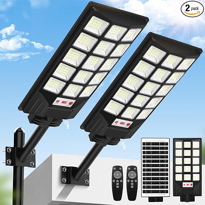 Solar Street Lights Outdoor Waterproof, 25000LM 8500K Motion Sensor Solar Powered Flood Lights with Remote Control, Dusk to Dawn Parking Lot Lights for Outside,Yard, Garden, 2-Pack