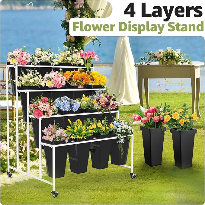 4 Layers Flower Display Stand with Buckets, 16 PCS Buckets Plant Stand with Wheels, Movable Metal Plant Stand for Terrace Garden, Living Room, Florist Shop