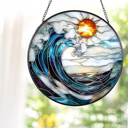 7.8'' Sea Stained Glass Window Hanging,Ocean Blue Waves Suncatcher for Window Hanging, Beach Lover Gifts, Beach Decor, Coastal Suncatcher, Gifts for Friends, Couples, Family, Colleagues
