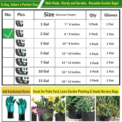 5-Pack 2 Gallon Thickened Plant Grow Bags (8x8 inch) Nursery Bags Fabric Plant Pots for Flower Pots,Herbs Veggies Planter Bag,Garden Pot,Barrel Planter,Garden Bag,Plant Container with Gardening Gloves