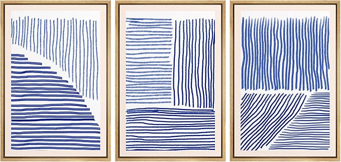 Ashbrook Framed Wall Art Print Set Navy Blue Geometric Color Block Lines Abstract Shapes Illustrations Modern Art Boho Scenic Colorful Chic for Living Room, Bedroom, Office - 24"x36"x3 Natural