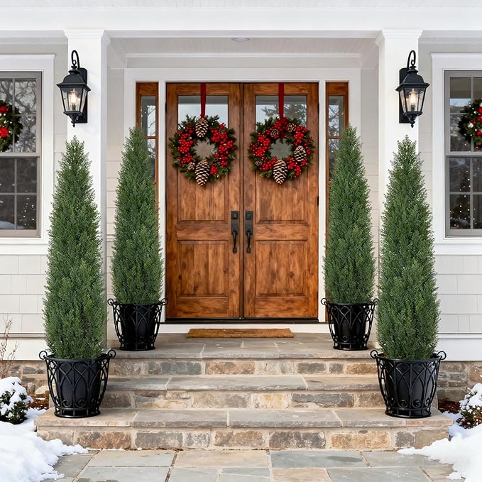 Artificial Cedar Topiary Trees 5 FT Faux Cedar Tree for Outdoor Planters Evergreen Plant, 60 inch UV Rated and Lush Fake Cypress Tree Shrubs for Gateway Front Door Porch Patio Garden, Set of 2