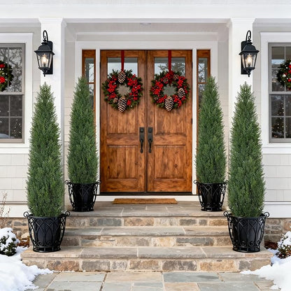 Artificial Cedar Topiary Trees 5 FT Faux Cedar Tree for Outdoor Planters Evergreen Plant, 60 inch UV Rated and Lush Fake Cypress Tree Shrubs for Gateway Front Door Porch Patio Garden, Set of 2