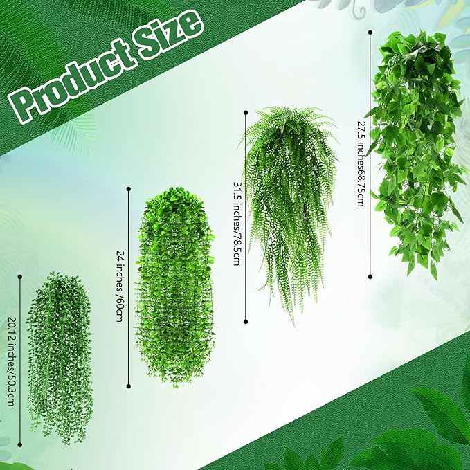 8 Pcs Artificial Hanging Plants Fake Hanging Ferns Plastic Faux Plants for Wall Room Garden Garland Indoor Outdoor Decor No Basket (Boston,Eucalyptus,Ivy Vine,String of Pearls)