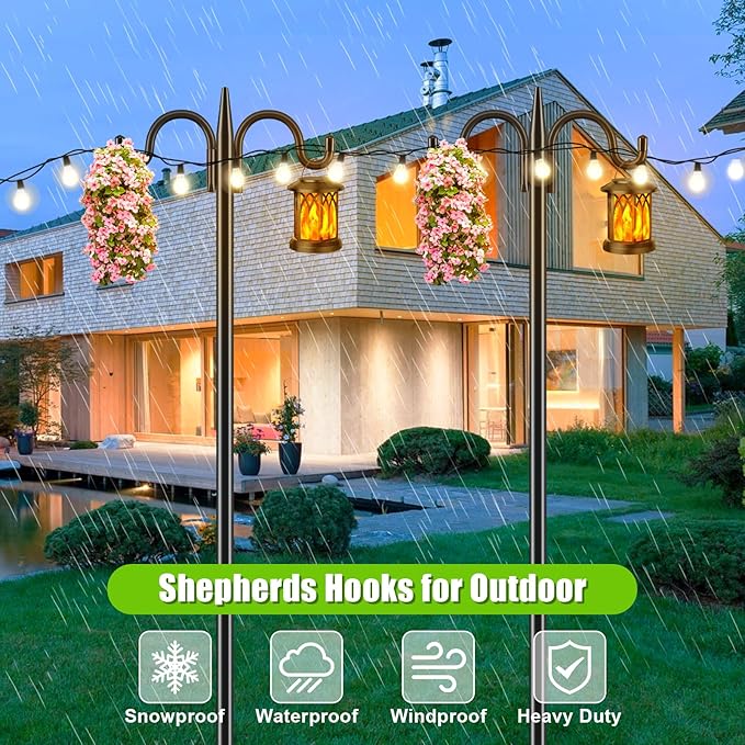 Gtongoko Double Shepherds Hook for Outdoor, 77 Inch Heavy Duty Bird Feeder Pole 3/4 Inch Thick Garden Hooks for Hanging Hummingbird Feeder, Plant Baskets, Solar Light Lanterns, 1 Pack