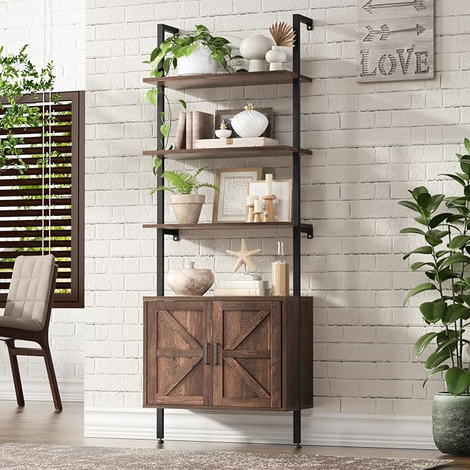 Ladder Bookshelf with Cabinet, 6 Tier Industrial Wall Mount Ladder Bookcase with Farmhouse Cabinet, Tall Narrow Open Ladder Shelf with Metal Frame for Living Room, Bathroom, Home Office, Rustic Brown
