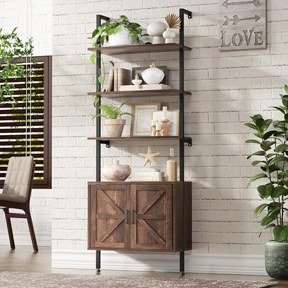 Ladder Bookshelf with Cabinet, 6 Tier Industrial Wall Mount Ladder Bookcase with Farmhouse Cabinet, Tall Narrow Open Ladder Shelf with Metal Frame for Living Room, Bathroom, Home Office, Rustic Brown