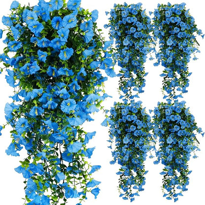 4-Pack Fake Hanging Plants, Faux Hanging Plant Artificial Greenery for Living Room Bedroom Boho Wall Shelf Indoor Outdoor Decor (Blue Morning Glory)