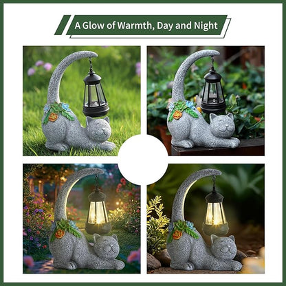 Garden Cute Cat Gnome Statue Decorations - Solar Resin Cat wtih Solar Garden Lights Outdoor Decorations Waterproof for Patio,Yard,Lawn,