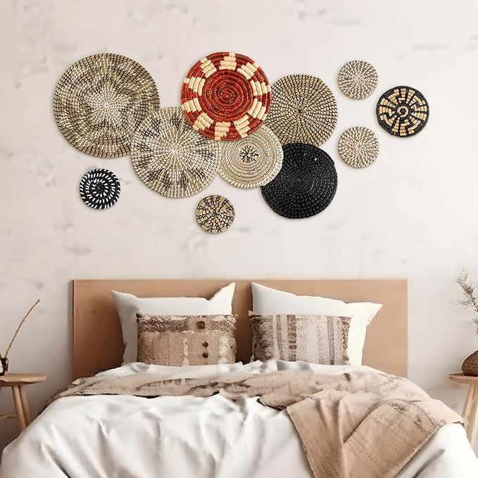 Tatuo 11 Pcs Boho Wall Basket Decor Decorative Bulrush Woven Basket Wall Decor Art Round Farmhouse Hanging Baskets for Kitchen Rustic Home Summer Decorations, Multi Sizes (Dark)