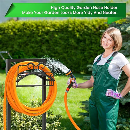 Garden Hose Holder, Heavy Duty Metal Water Hose Holder with 4 Spikes Outdoor Freestanding Hose Hanger Detachable Sturdy Hose Stand Holds 150-feet Hose, Garden Hose Storage Rack for Outside Yard Lawn