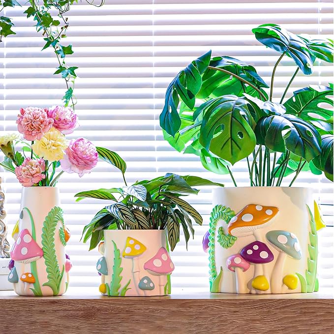 GUGUGO 8 Inch Pastel Flowers Planters, Cute Unique Rainbow Planter with Drainage, Colorful Vintage Retro Flower Plant pots for Indoor & Outdoor Plants, Eclectic Funny Room Decor Aesthetic