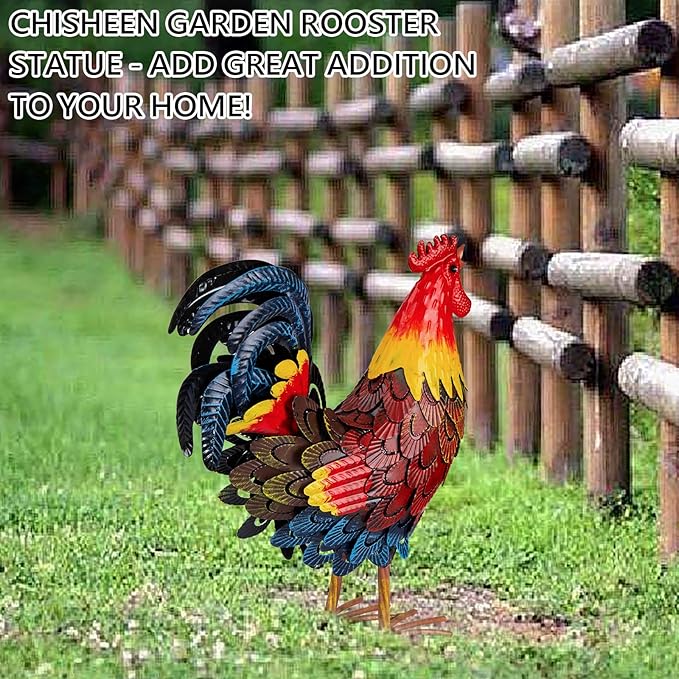 Metal Rooster Statues, Garden Chicken Decorations, Outdoor Chicken Sculptures, Metal Yard Rooster Artwork for Yard Farm Patio Lawn Porch Kitchen Decoration (Red)