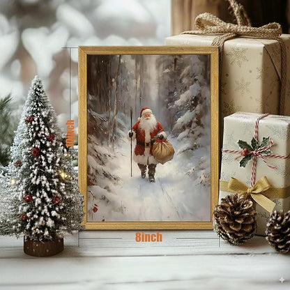 Christmas Wall Art, Vintage Santa Claus Wall Decor, Santa Claus Is Coming To Town Painting Artwork Canvas Prints, Country Winter Christmas Holiday Poster Pictures for Home Bedroom 8x10 Inch Framed