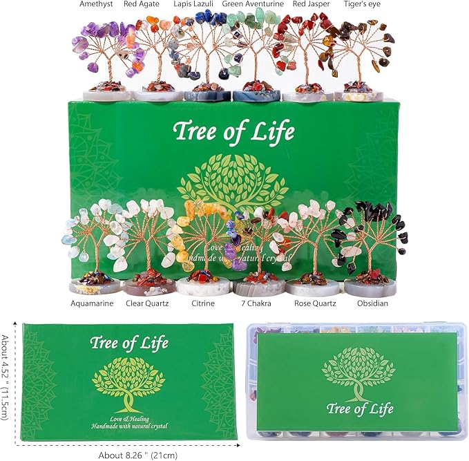 Runyangshi 12pcs Crystal Tree Set Tree of Life Natural Crystal Healing Stones with Agate Base Gemstone Trees Fengshui Good Luck Positive Energy Home Decor