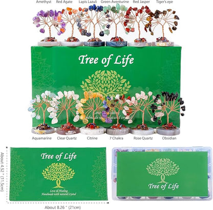 Runyangshi 12pcs Crystal Tree Set Tree of Life Natural Crystal Healing Stones with Agate Base Gemstone Trees Fengshui Good Luck Positive Energy Home Decor