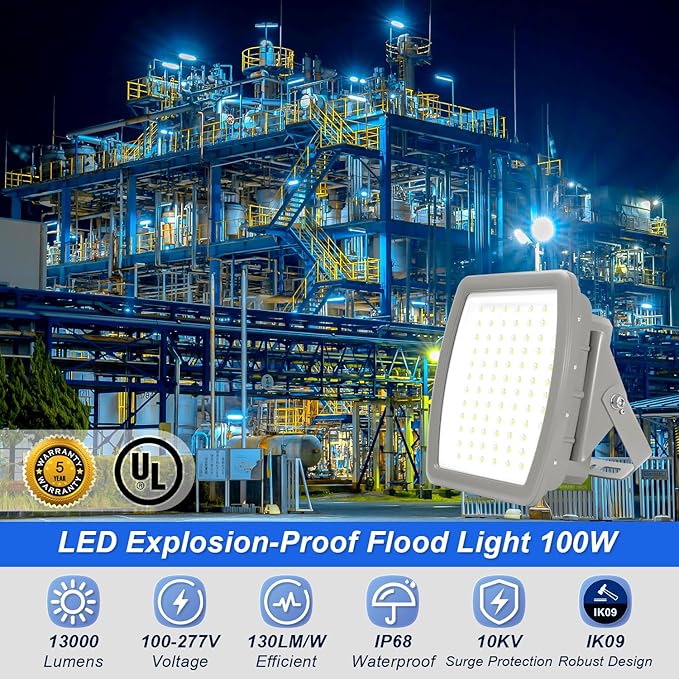 100W LED Explosion Proof Flood Light, Class I Division 2, 5000K IP68/IK10 Hazardous Location Lighting for Petroleum Refineries, Utility Gas Plants, Storage Areas, 100-277V, UL Listed