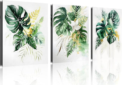 TutuBeer 3 Panels Botanical Wall Art Botanical Pictures Gold Modern Wall Decor with Green Plant Pictures Wall Art Botanical Plant Pictures Wall Art for Bedroom Bathroom Home Wall Decor 12x16 Inch