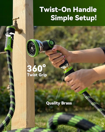 RAINPOINT Metal Garden Hoses for Yard 100 ft - No-kink 304 Water Hose 100ft with 10 mode Nozzle - Brass Connection, Swivel Handle, Flexible Hose,Lightweight, Puncture