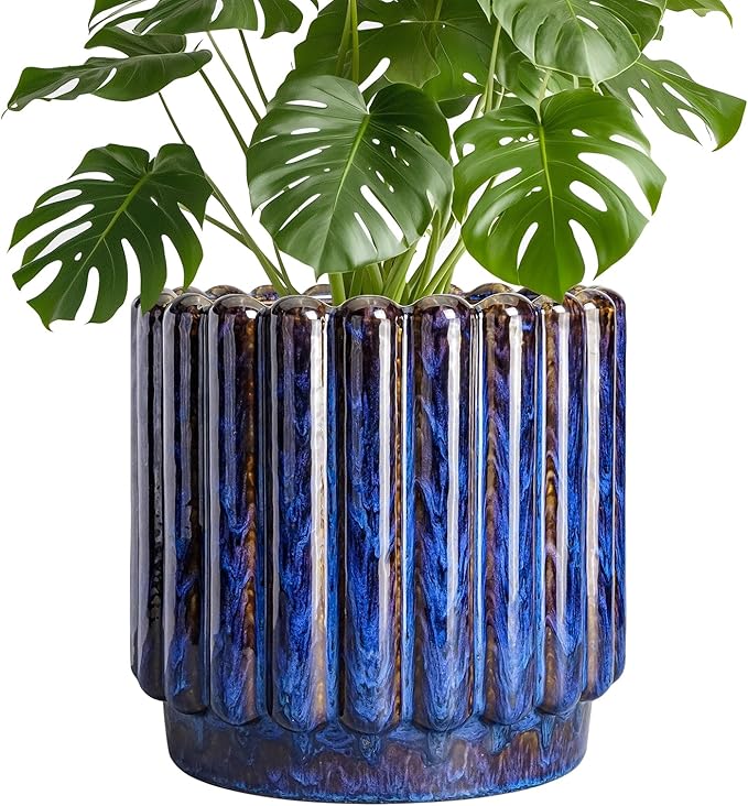 Ceramic Planter - 9.6 Inch Ceramic Plant Pots Indoor Outdoor, Round Flower Pots with Drainage Hole, Large Fluted Modern Planter, Room Home Bedroom Decor, Plant Lover Gifts, Blue