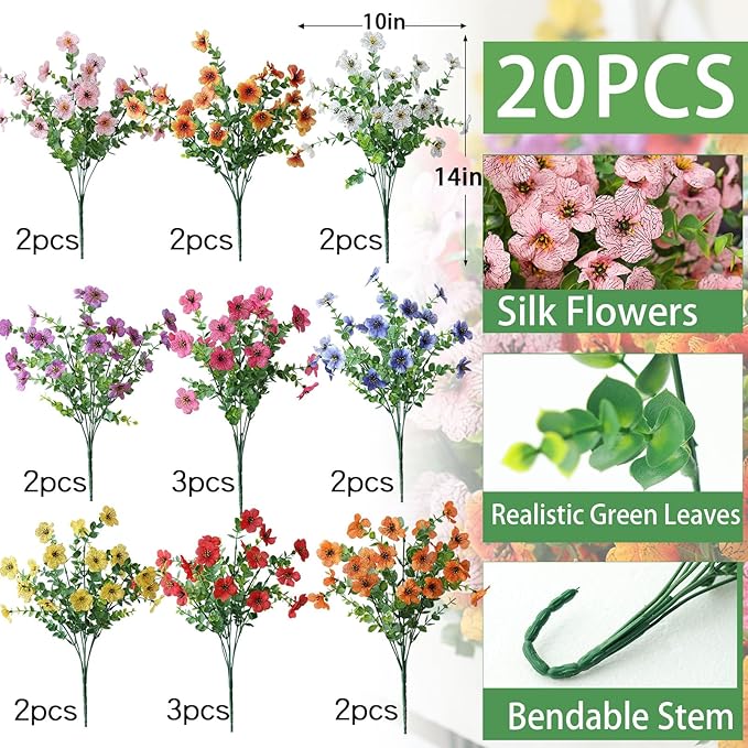 mizii Artificial Flowers for Outdoors 20 Bundles Realistic Faux Silk Flower UV Resistant Fake Plants Outside Decorations for Patio Garden Balcony Yard Porch Summer Indoor Home Decor (Mix 9 Color)