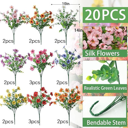 mizii Artificial Flowers for Outdoors 20 Bundles Realistic Faux Silk Flower UV Resistant Fake Plants Outside Decorations for Patio Garden Balcony Yard Porch Summer Indoor Home Decor (Mix 9 Color)