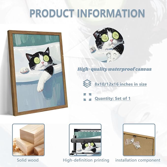 Framed Tuxedo Cat Canvas Wall Art, Bathroom Pictures Wall Decor, Funny Cat in Bath Poster Print, Modern Dark Humor Animal Painting Artwork for Bathroom Apartment Home Aesthetics – 12x16 inch