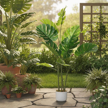 4FT Artificial Monstera Plant - Realistic Fake Tropical Palm Tree for Home Decor - Large Faux Monstera Deliciosa with Bendable Stems - Indoor Outdoor UV Resistant