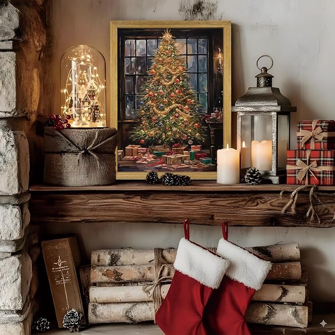 Christmas Canvas Wall Art, Vintage Christmas Tree Decor, Living Room Pine Tree Decorations, Winter Cottagecore, Decor for Bedroom Bathroom Xmas Holiday Decorations Gifts 8x10 Inch Wood Framed