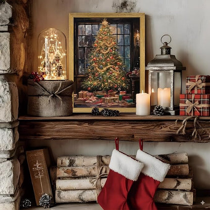 Christmas Canvas Wall Art, Vintage Christmas Tree Decor, Living Room Pine Tree Decorations, Winter Cottagecore, Decor for Bedroom Bathroom Xmas Holiday Decorations Gifts 8x10 Inch Wood Framed