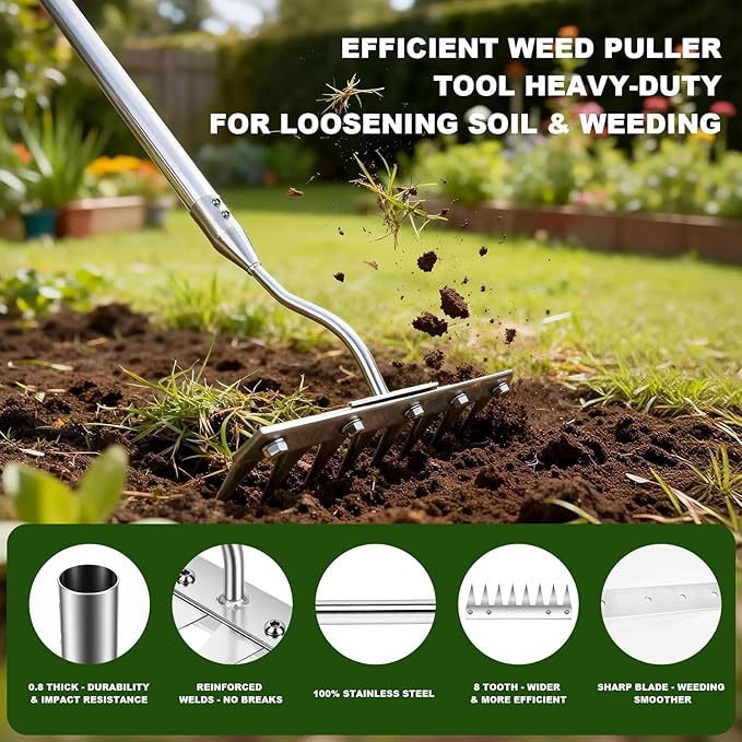 Weeding Rake Heavy Duty w 45’’ Ergonomic Curved Handle, 2026 Upgraded 8 Teeth Stainless Steel Weed Puller Tool w Weeding Blade, Cultivator Rake Gardening Tools for Yard, Flower Beds & Loosening Soil