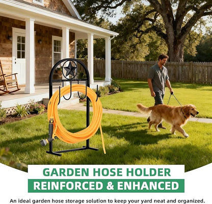 Garden Hose Holder - Upgraded Sturdy Hose Pentagram Holder, Freestanding Heavy-Duty Hose Hanger, Sturdy Water Hose Stand and Hose Storage for Outside, Lawns and Yards,Black