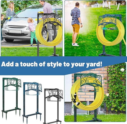 Garden Hose Holder for Outside - Upgraded Water Hose Holder Holds with Storage Basket, Heavy Duty Metal Freestanding Garden Hose Storage Reel Rack for Outdoor Yard Lawn (Blue)