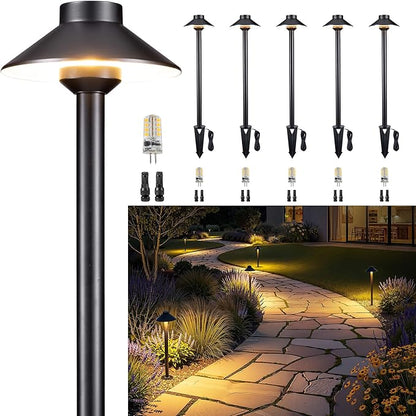 Gardenreet Solid Cast Brass Pathway Lights, 12v Landscape Path Light Outdoor Waterproof, Electric Walkway Lights Wired, Hat Shape Black Garden Area with 3W 270LM 5000K Daylight G4 Bulb (6 Pack)