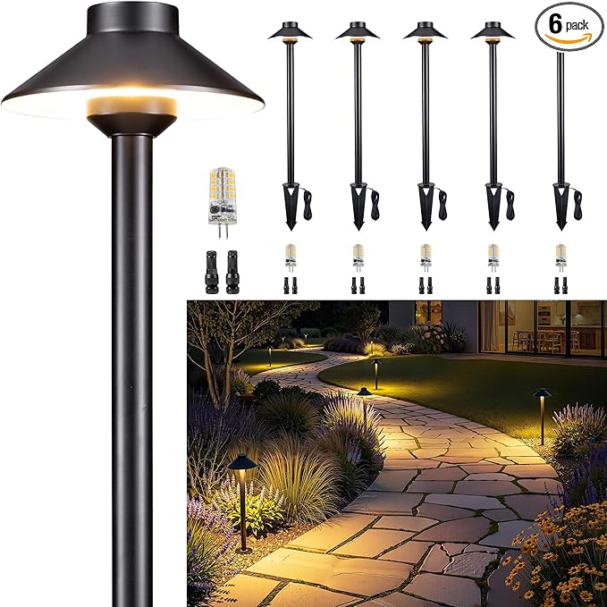 Gardenreet Brass Low Voltage Landscape Lighting - 12V LED Path Lights IP65 Waterproof, Hard-Wired Pathway Light Black for Outside Walkway Garden with 3W 2700K Warm White G4 Replaceable Bulb (6 Pack)