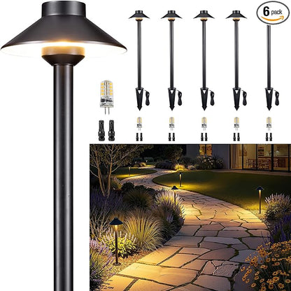 Gardenreet Brass Low Voltage Landscape Lighting - 12V LED Path Lights IP65 Waterproof, Hard-Wired Pathway Light Black for Outside Walkway Garden with 3W 2700K Warm White G4 Replaceable Bulb (6 Pack)