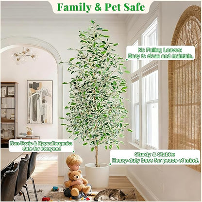 7FT Artificial Ficus Trees Indoor Faux Trees Indoor Fake Floor Plants Tall Artificial Tree with White Pot Faux Tree Fake Indoor Tree Silk Plants Artificial Trees for Home Decor Indoor