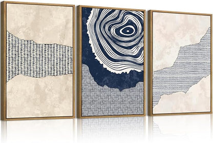 Anyzal Large Navy Blue Tree Rings Wall Art Framed Modern Abstract Neutral Paintings Artwork for Living Room Bedroom Office 16x24 Inch Set of 3