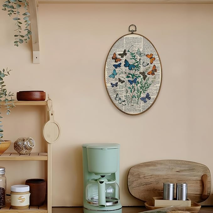 LKETW Vintage Butterfly Botanical Oval Wall Art Decor, Cottagecore Butterfly Oval Canvas Hanging Decor, Retro Nature Moth Insect Wall Decorations for Home Bedroom Living Room, 8.6x11.4 Inch