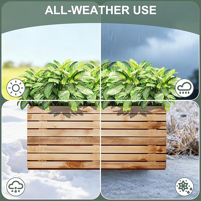 Rectangular Planters for Outdoor Plants, Large Planter Box with Drainage Holes, Metal Balck Palnters for Patio, Garden (32" L x 15" W x 16" H, Walnut Wood Grain)