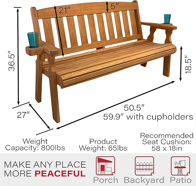 Amish Casual Heavy Duty 800 Lb Mission Pressure Treated Garden Bench with Cupholders (4 Foot, Cedar Stain)