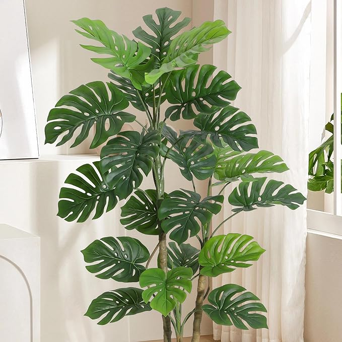 6FT Artificial Monstera Plant - Realistic Fake Tropical Palm Tree for Home Decor - Large Faux Monstera Deliciosa with Bendable Stems & Ceramic Pot - Indoor Outdoor UV Resistant
