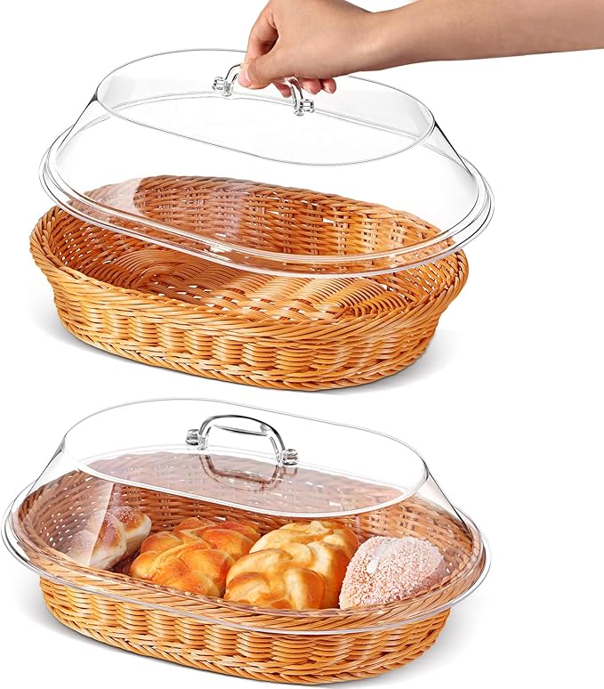 Hushee 2 Set Imitation Rattan Bread Basket with Lid Wicker Bread Baskets for Serving Woven Fruit Basket with Cover Oval Food Baskets for Food Vegetables Display(13.78 x 9.84 Inch)