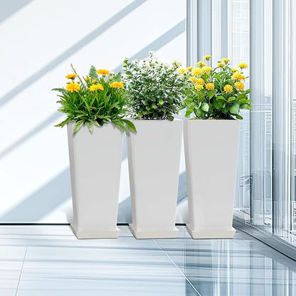 24 Inch Tall Tapered Square Planters (Set of 2) - Indoor Outdoor Large Flower Pots with Built-in Drainage & Matching Water Tray for Patio, Garden, Home - White
