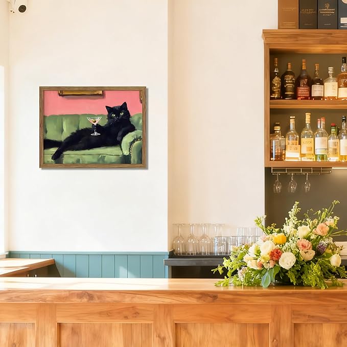 Framed Black Cat with Martini Wall Art Print, Whimsical Cute Cat Decor Paintings, Cocktail Art Bar Cart Decor, Funny Animal Canvas Pictures Aesthetic for Home Living Room Bedroom – 8x10 inch