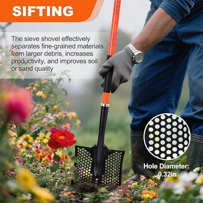 Detachable Sifting Shovel - 45 Inch Sand Sifter with Ergonomic D-Grip Handle for Beach, Garden & Farm Cleaning - Fiberglass Handle & Powder Coated Steel