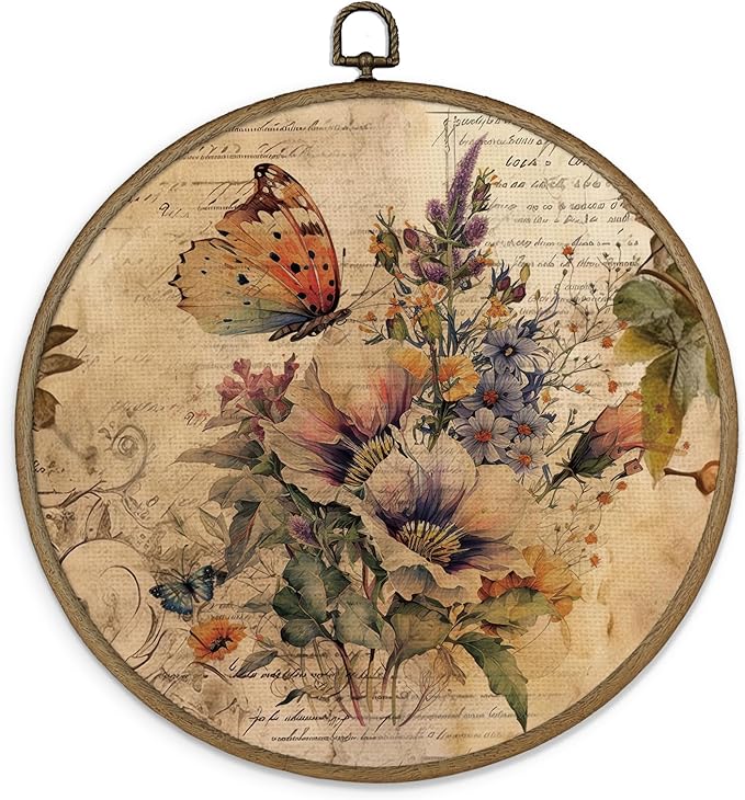 MAQIKA Farmhouse Butterfly Floral Framed Wall Art Decor, Butterfly Home Decor, Wildflower Round Wall Hanging Decor, Vintage Butterflies Canvas Prints Wall Art for Office Liviing Room, 10x10 Inch
