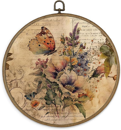 MAQIKA Farmhouse Butterfly Floral Framed Wall Art Decor, Butterfly Home Decor, Wildflower Round Wall Hanging Decor, Vintage Butterflies Canvas Prints Wall Art for Office Liviing Room, 10x10 Inch