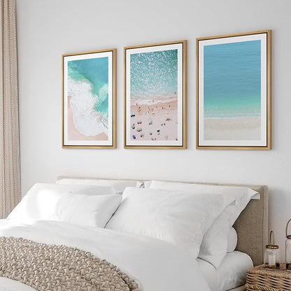 Ashbrook Framed Wall Art Print Set Aerial View Nautical Beach Ocean Wave View Nature Wilderness Photography Modern Art Scenic Colorful Chic for Living Room, Bedroom, Office - 24"x36"x3 Natural